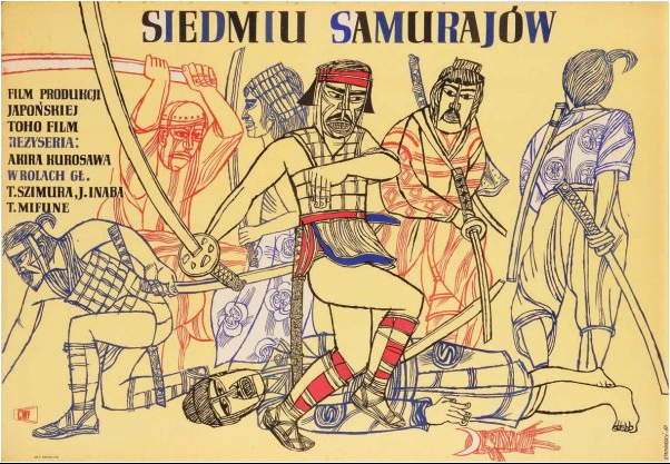 Poster for the first Polish release of Seven Samurai, 1954. Created by Marian Stachurski in a faux woodcut style.