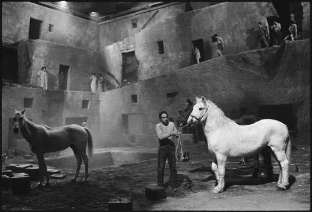Readying the horses for the next take, Fellini's Satyricon, Rome, Italy. Mary Ellen Mark, 1969