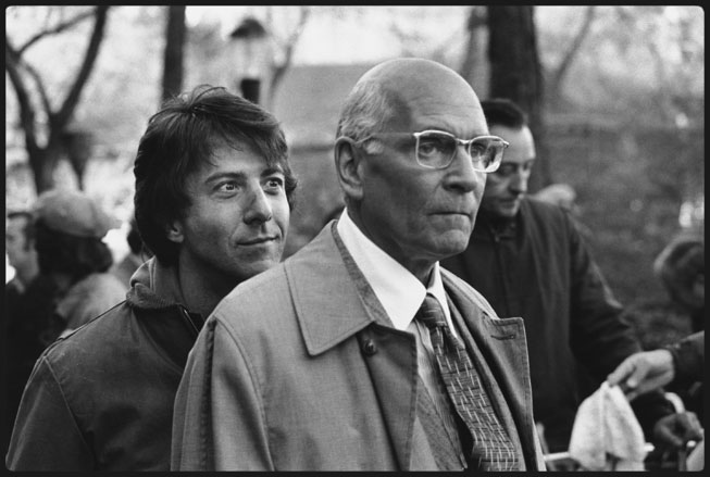 Dustin Hoffman sneaks up on Lawrence Olivier on the set of John Schlesinger’s Marathon Man (1976) in New York’s Central Park. Mary Ellen Mark