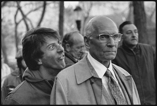 The levity of the photos belies the tension of the scene being shot, in which Babe (Hoffman) frog-marches Szell (Olivier) to the reservoir pump house in the film’s climax. Mary Ellen Mark
