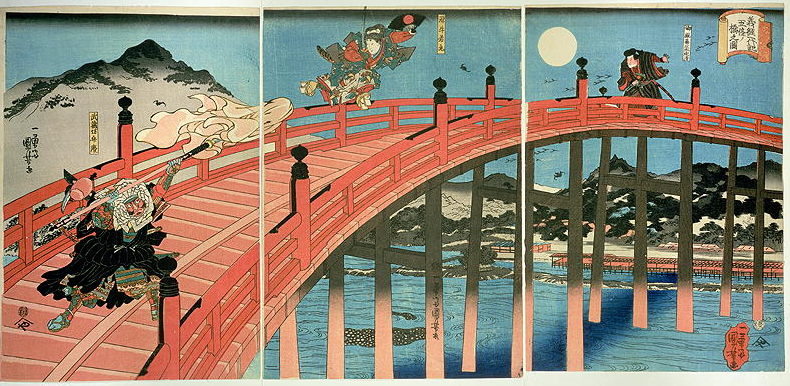 Ushiwaka and Benkei fighting on Gojo bridge, published c.1839 by by Utagawa Kuniyoshi from the Arthur R. Miller Collection