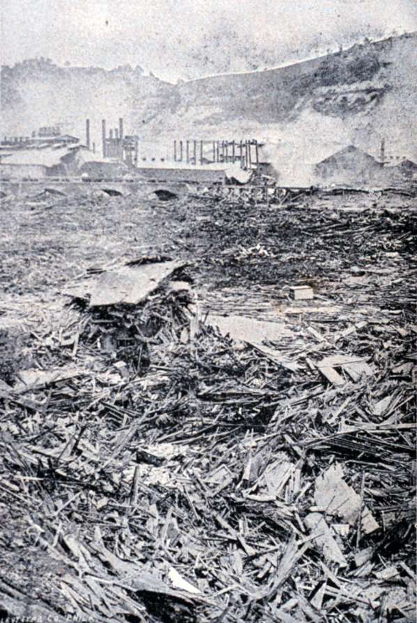 "The Debris above the Pennsylvania Railroad Bridge" from "History of the Johnstown Flood", by Willis Fletcher Johnson, 1889