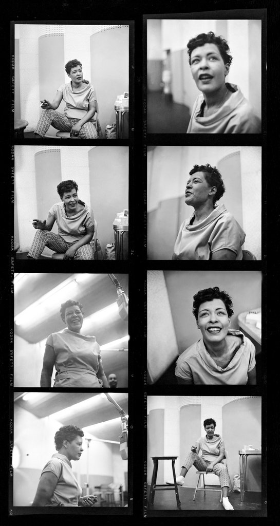 Phil Stern, Contact sheet of Billie Holiday recording the album Music for Touching, August 25, 1955 © Phil Stern
