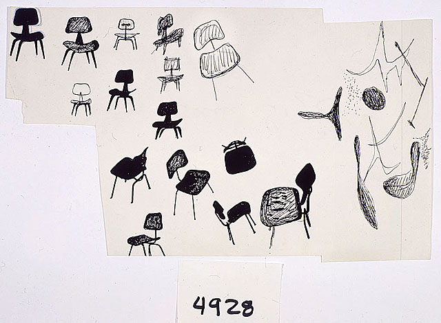 Drawing of Molded Plywood Chairs by Ray Eames